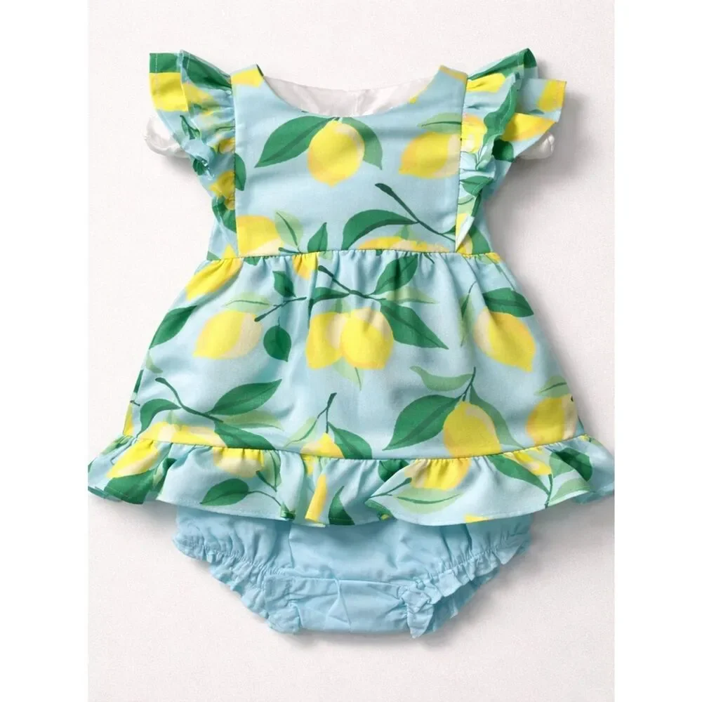 Janie and Jack Lemon Print Dress & Bloomers - Blue, Yellow, Green size 3-6 m NWT